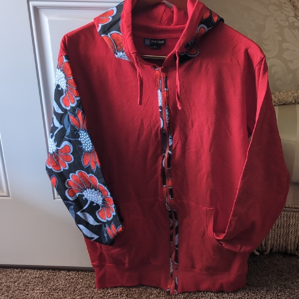 Red Floral Accented Zipper Hoodie